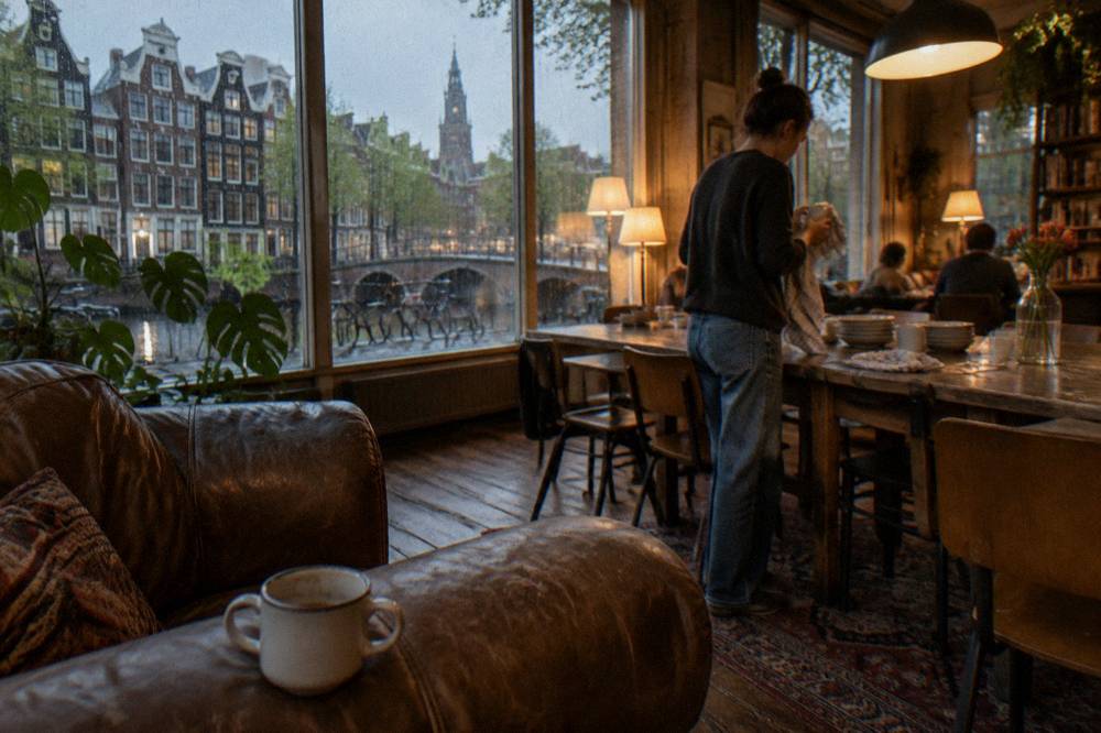 A hostel common room with sofas, wooden tables and large windows