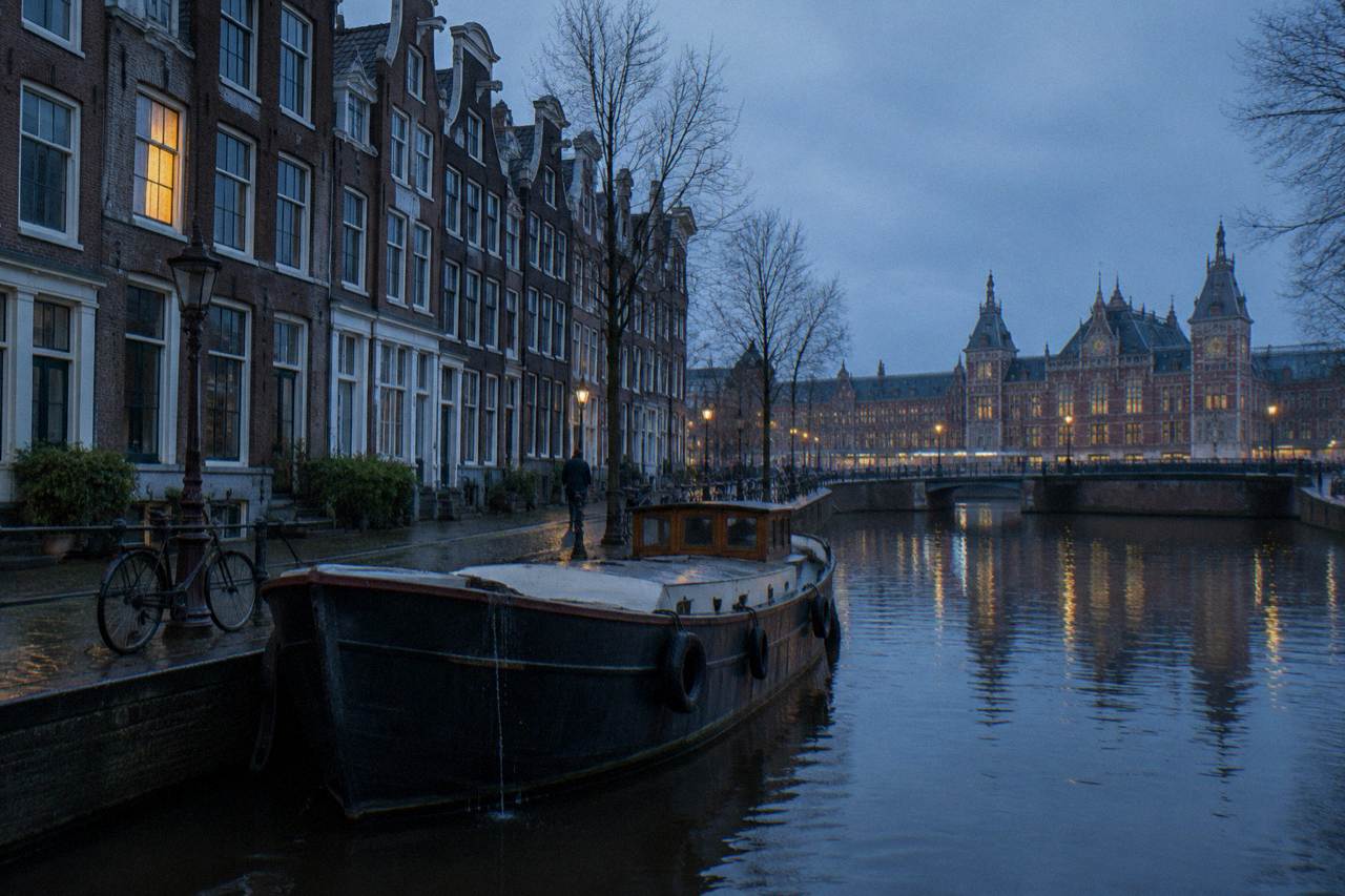A quiet Amsterdam canal street with narrow brick buildings at dusk