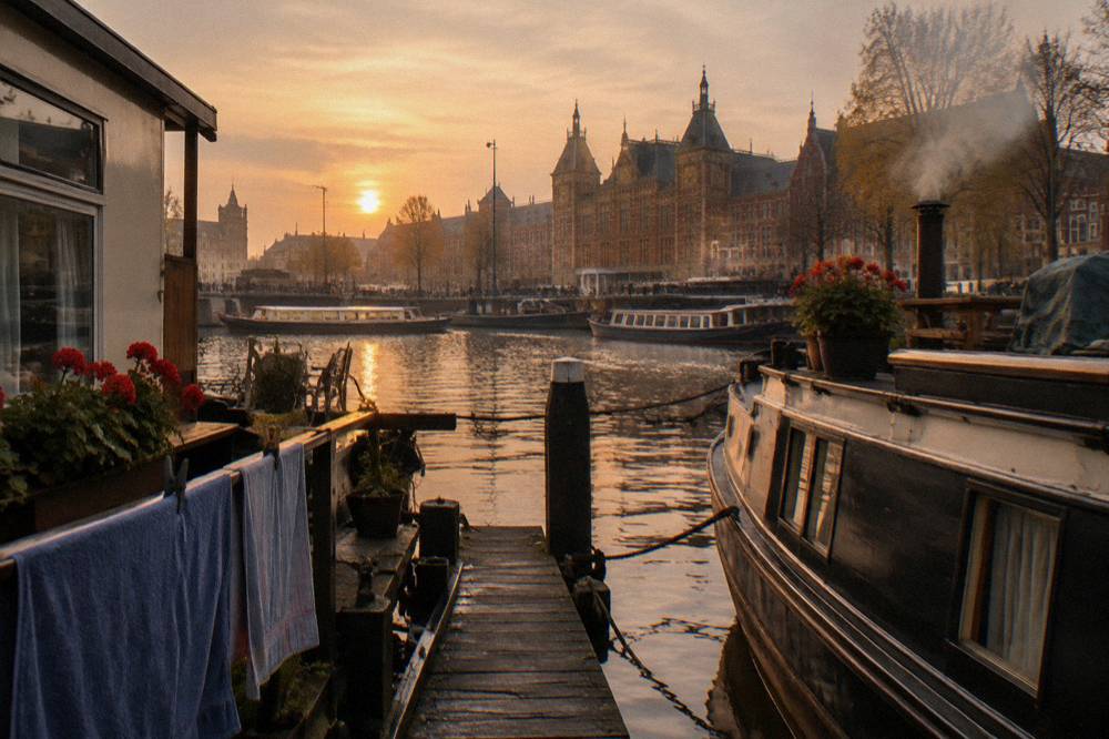 Evening light on an Amsterdam canal with houseboats moored along the bank