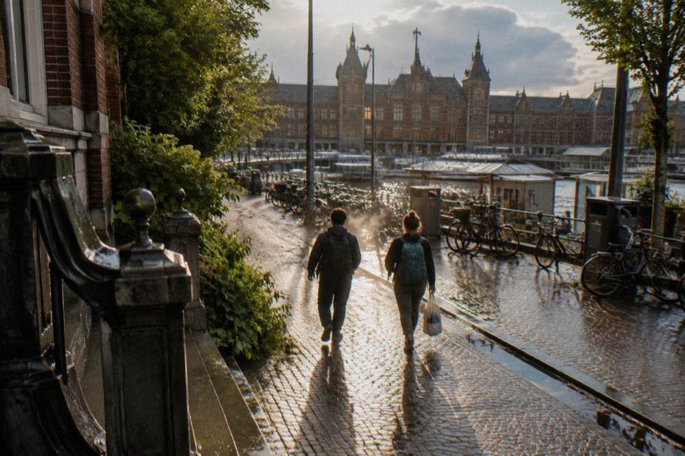 Travellers with backpacks on an Amsterdam street beside parked bicycles