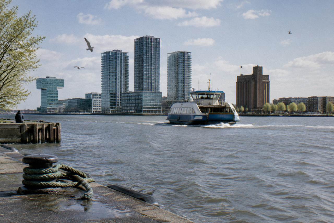 View across the IJ water towards Amsterdam Noord with a ferry and modern buildings on the far bank