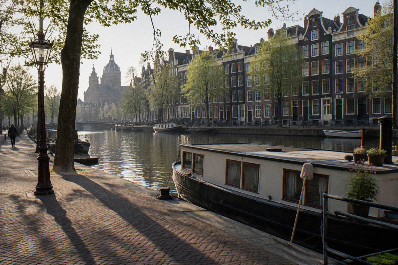 A quiet Amsterdam canal street with narrow gabled houses and bicycles parked along the water