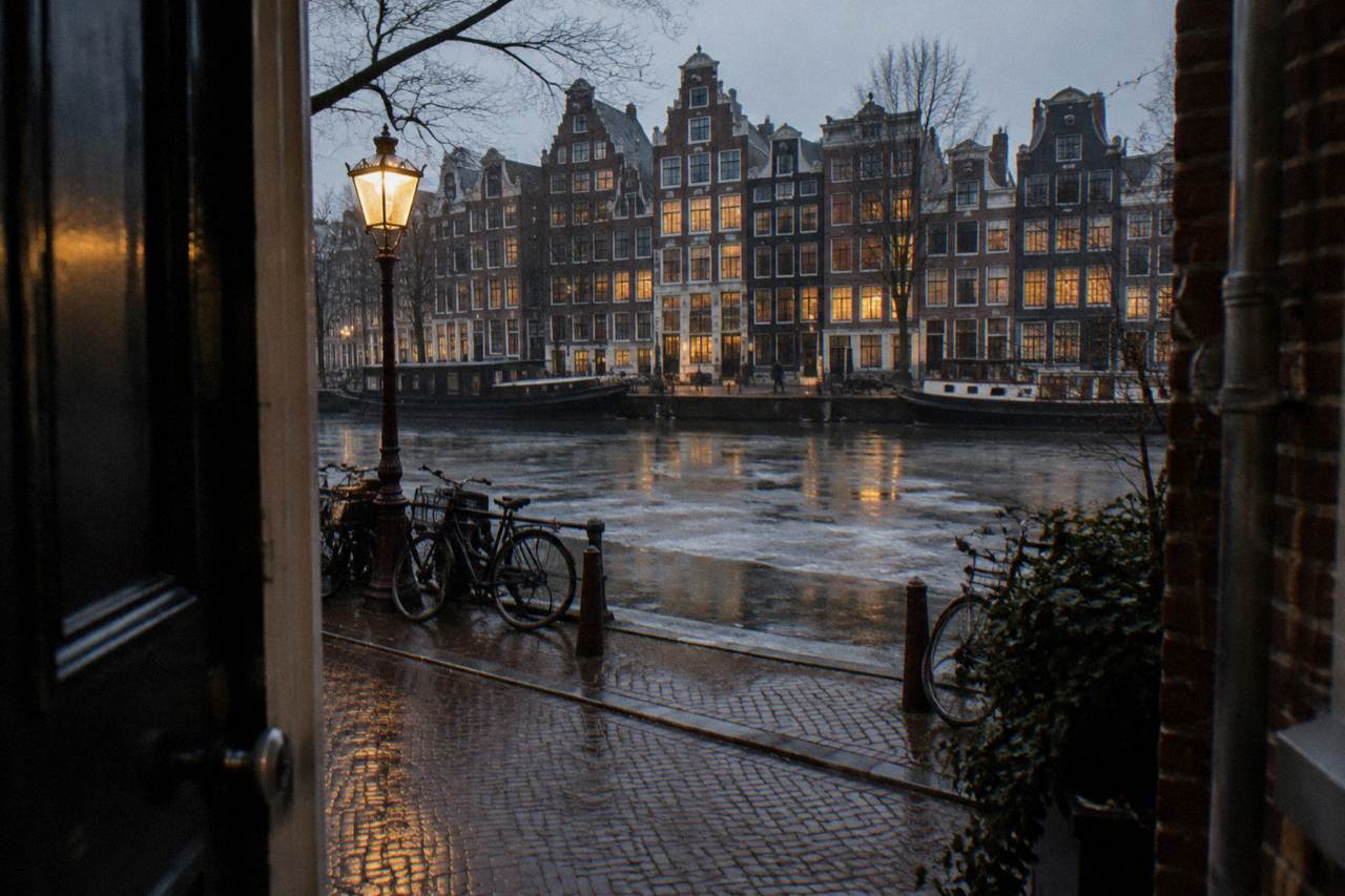 A quiet Amsterdam canal street lined with narrow brick townhouses and parked bicycles at dusk