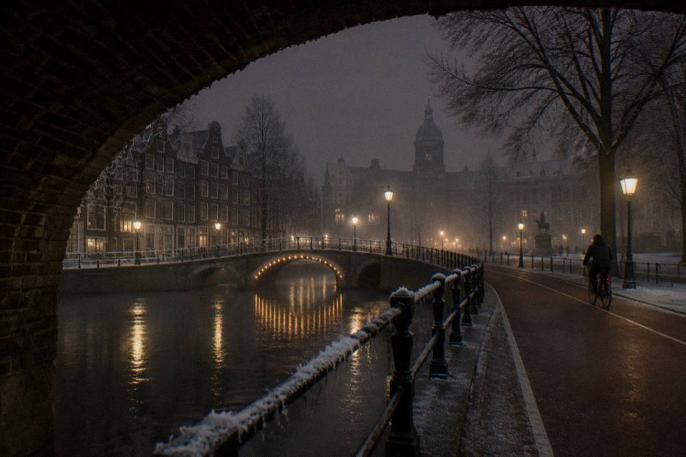 A lit canal bridge and empty bike lane in central Amsterdam at night