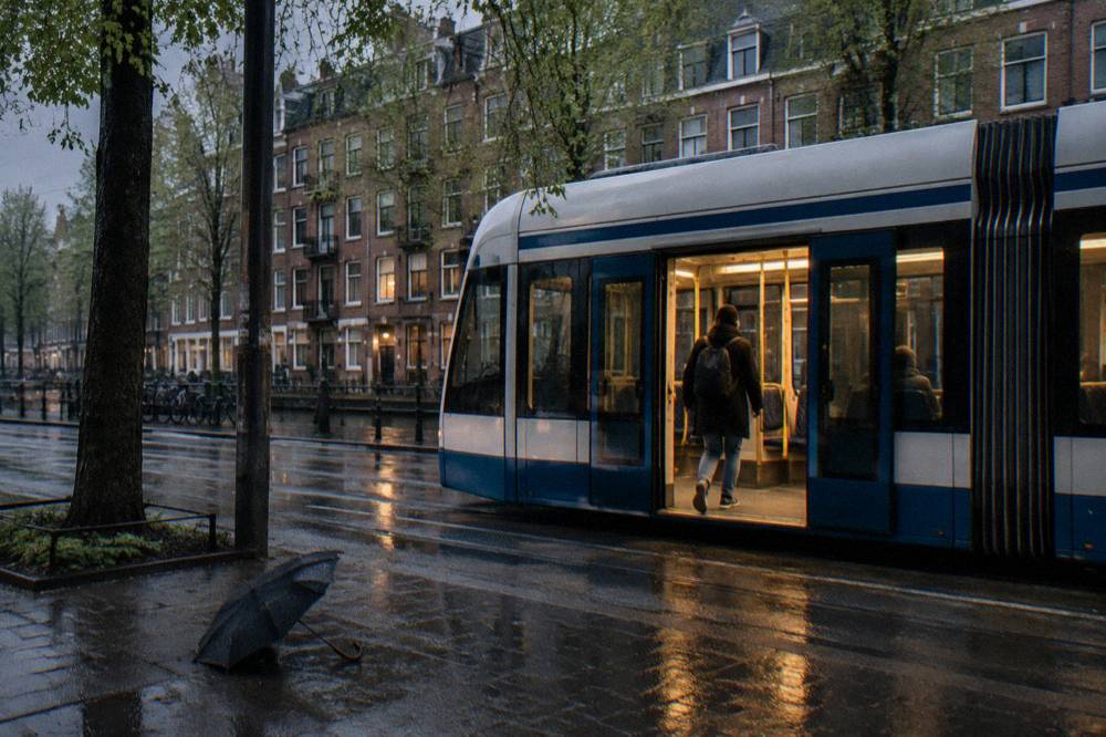 A tram stop and lit street in Amsterdam east in the evening