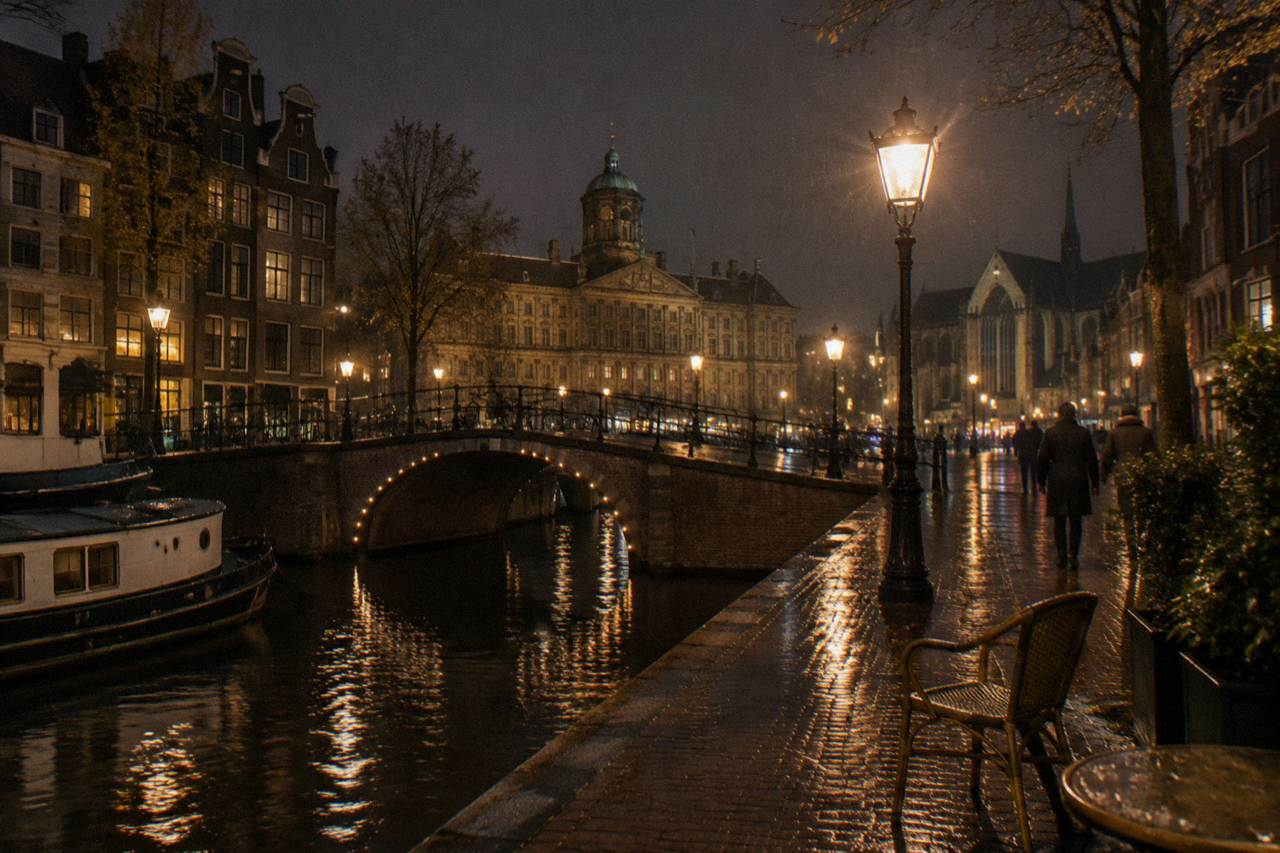 A quiet Amsterdam canal street at night with lit bridges and parked bicycles