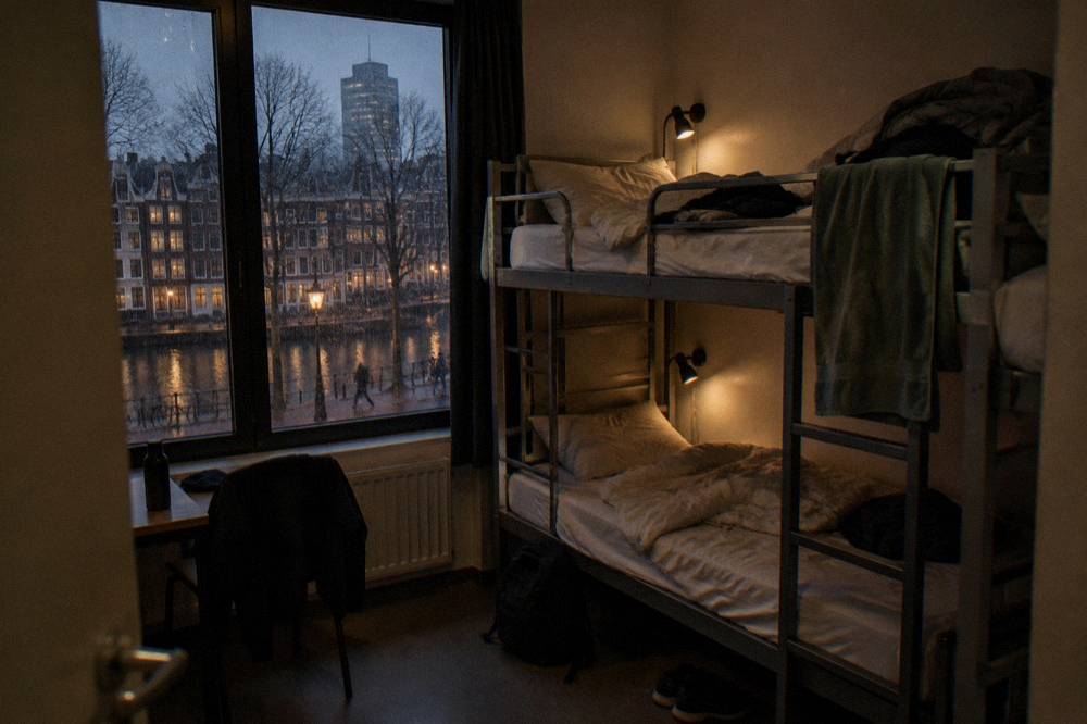 A hostel dormitory room with bunk beds and personal reading lights