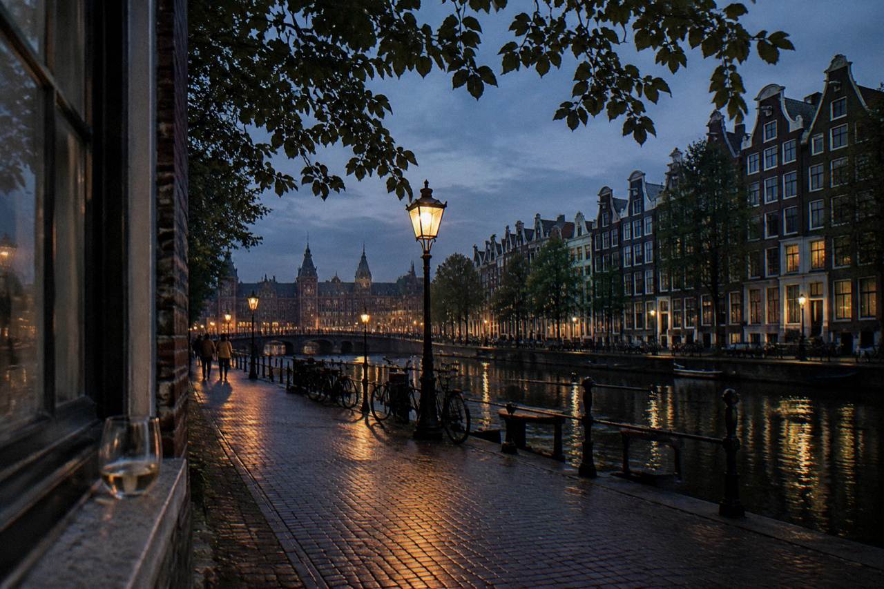 A quiet Amsterdam canal street with trees and parked bicycles at dusk