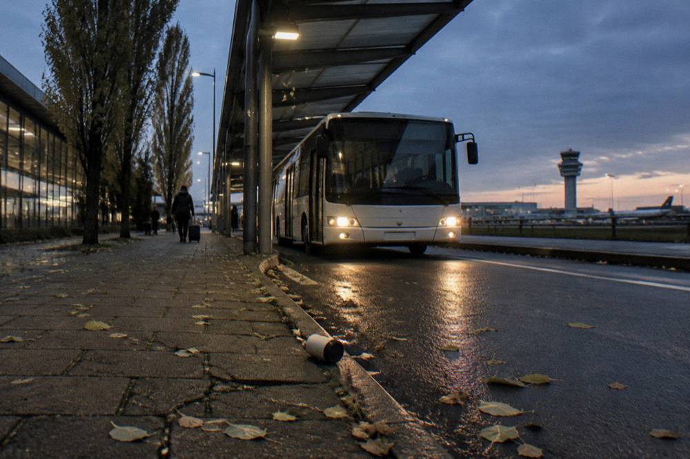 Airport shuttle bus lane and hotel signage beside a footpath at dusk