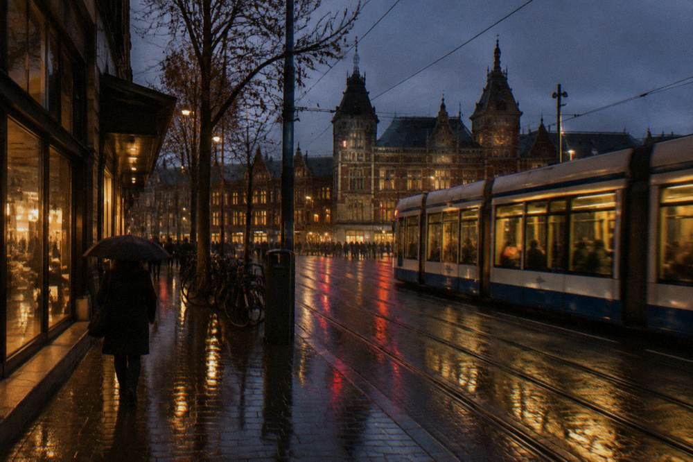 Evening traffic and lit shopfronts on a busy Amsterdam street