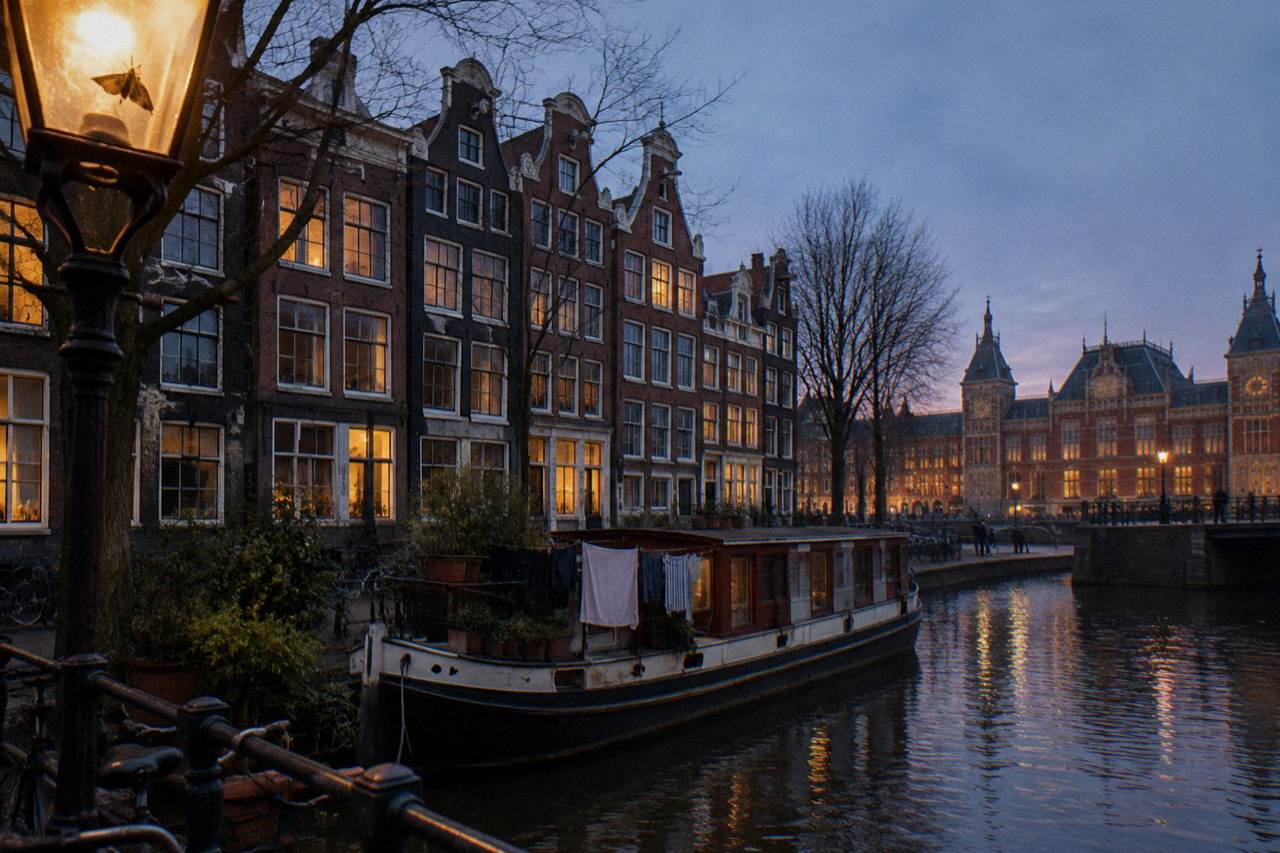 Canal-side street in Amsterdam with narrow gabled buildings at dusk