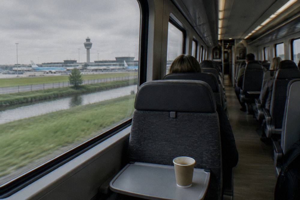 Interior of a modern train with passengers seated between Schiphol and Amsterdam