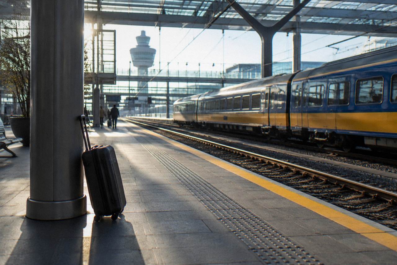 A train platform at Schiphol Airport station with a sign pointing toward Amsterdam trains