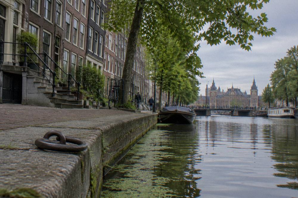 A row of Amsterdam townhouses beside a canal with trees along the water