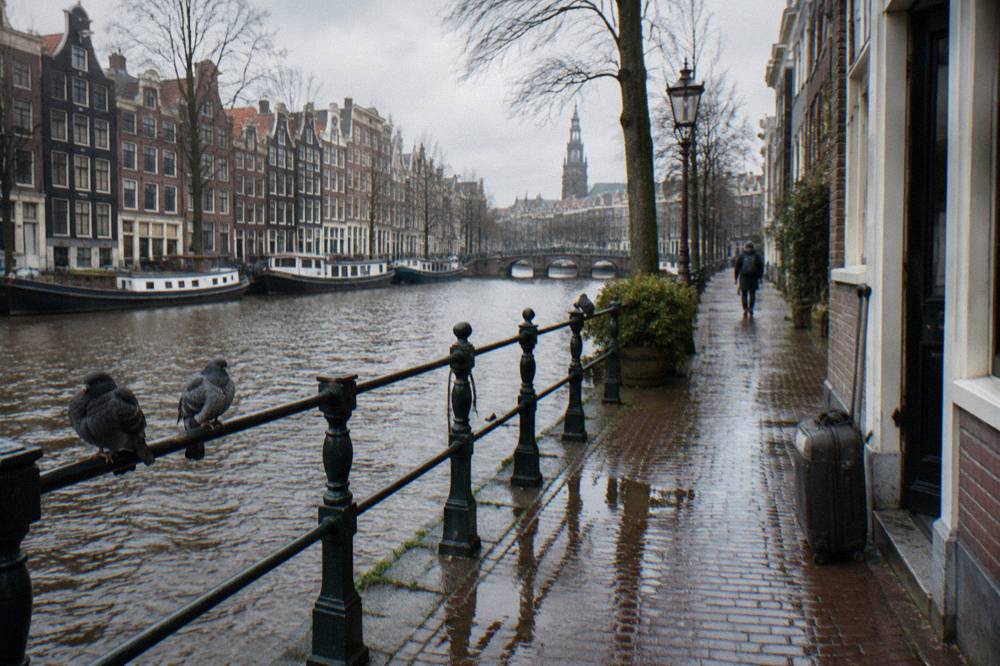A narrow Amsterdam street with bicycles parked along a canal railing