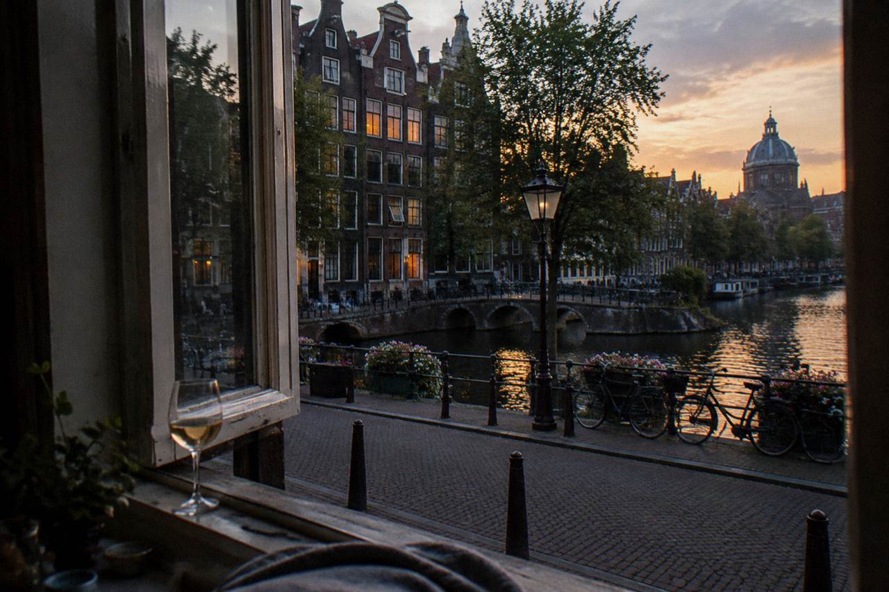 A quiet Amsterdam canal street with narrow gabled houses at dusk