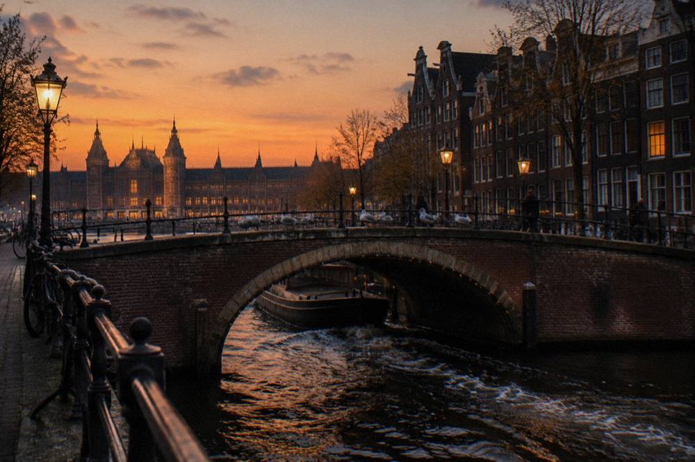 Bicycles parked on a bridge over an Amsterdam canal at dusk