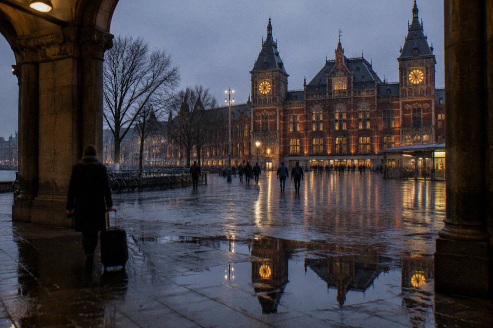 Amsterdam Centraal station facade seen from the station square at dusk