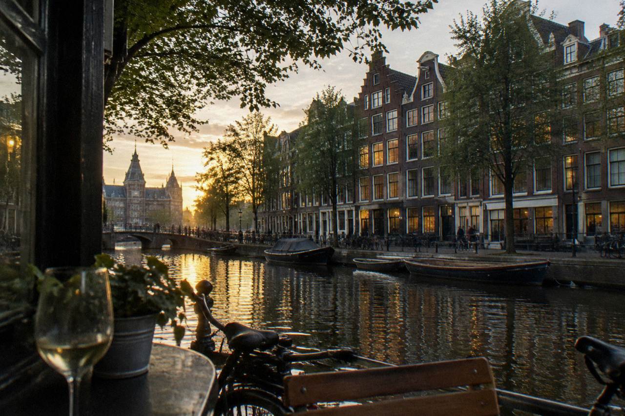 Canal houses and a tree-lined street in central Amsterdam in soft evening light
