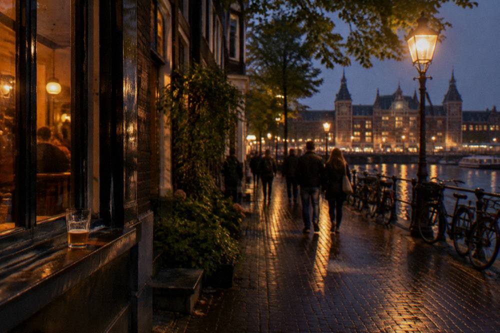 Busy Amsterdam street at night with lit bar windows and crowds of bicycles