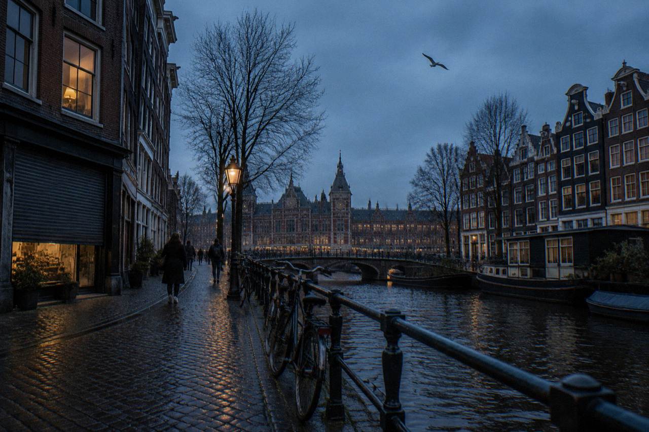 Quiet canal street in Amsterdam with narrow gabled houses and parked bicycles at dusk