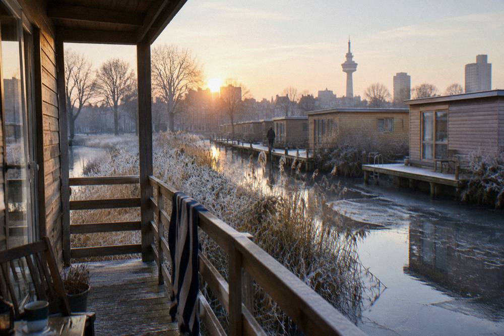 Wooden cabin-style budget accommodation beside a marina on the eastern edge of Amsterdam