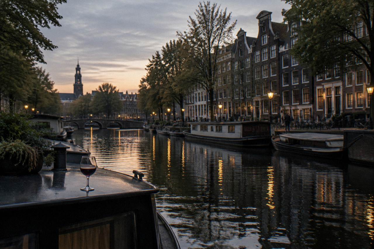 A quiet Amsterdam canal lined with narrow houses and parked bicycles in the evening
