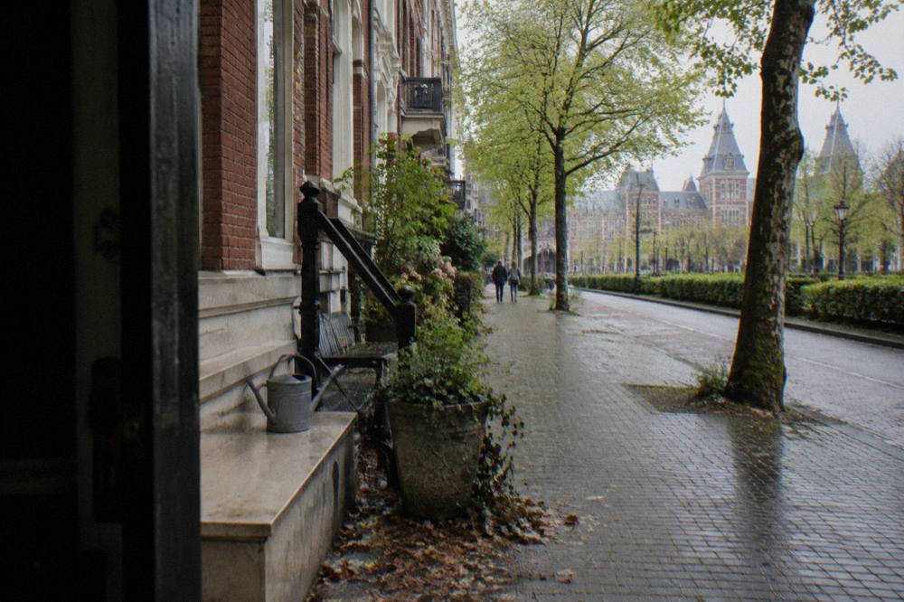 A quiet Amsterdam residential street with trees and rows of brick townhouses