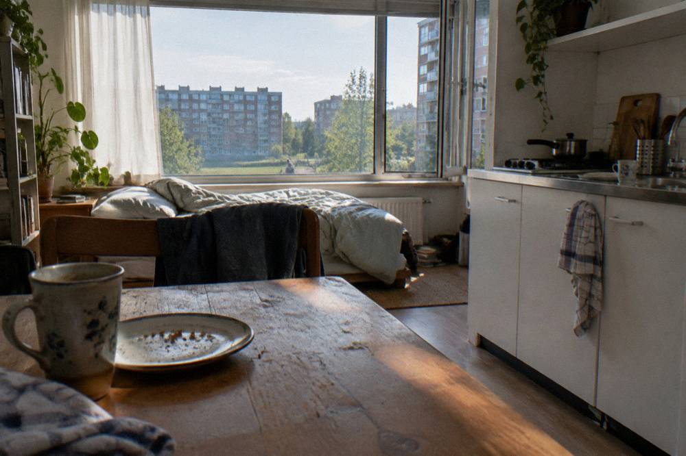 A tidy studio interior with a kitchenette corner and a bed under a window