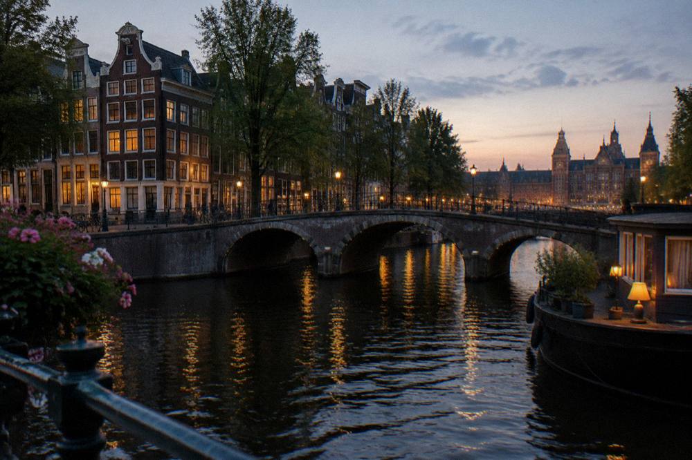 An evening canal in Amsterdam with bridges and lit windows along the water