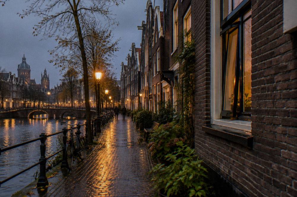 An evening view of a canal in central Amsterdam with lit bridges and narrow brick houses