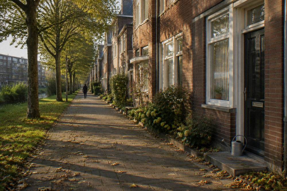 A quiet residential street of brick townhouses in west Amsterdam with parked bicycles