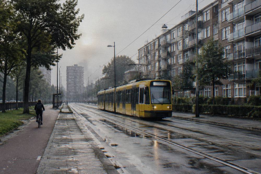 A tram passing modern apartment blocks on a wide Amsterdam street