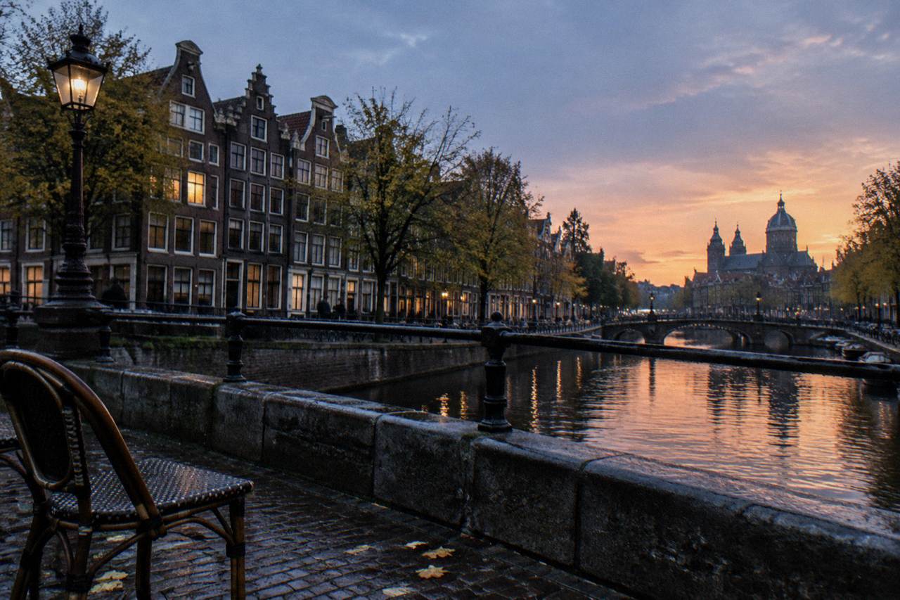 Canal houses and a bridge over an Amsterdam canal at dusk