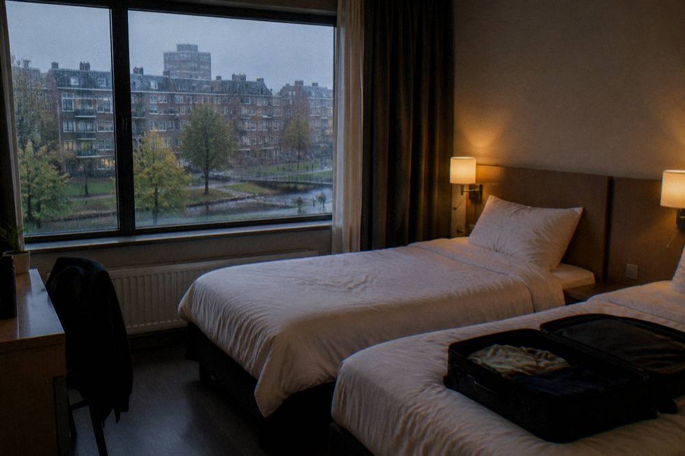 Modern hotel room with two single beds and a city window