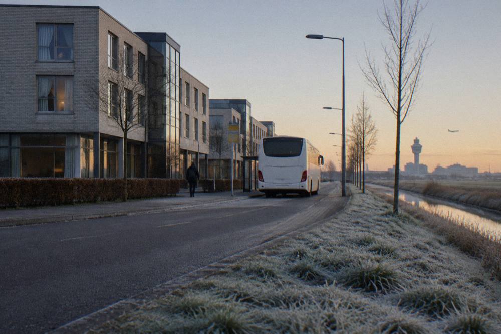 A row of modern low-rise airport hotels beside a road with a shuttle bus stop