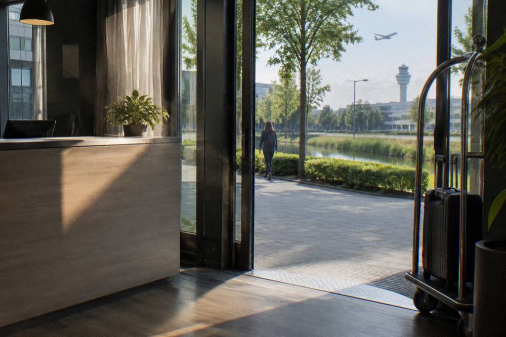 A hotel reception desk with a luggage trolley and soft morning light through glass doors