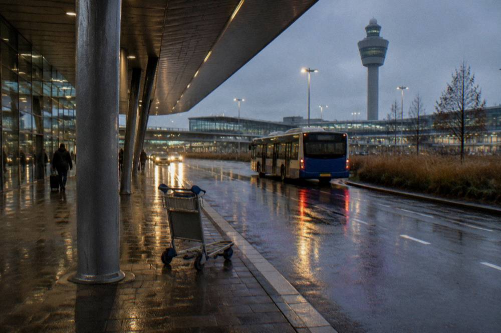 An airport terminal forecourt at dusk with buses and taxis waiting under lights