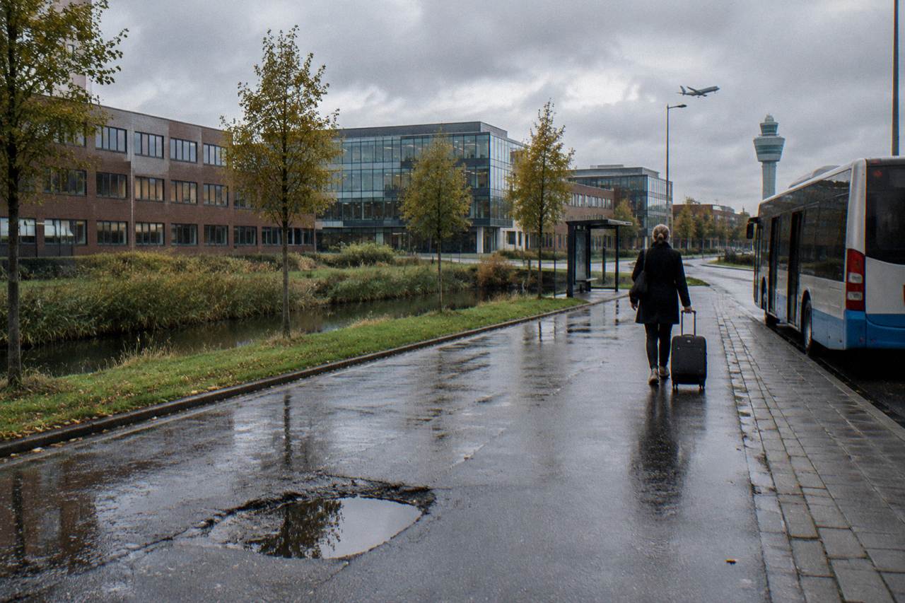 A quiet hotel district street with office buildings and a bus stop under an overcast sky