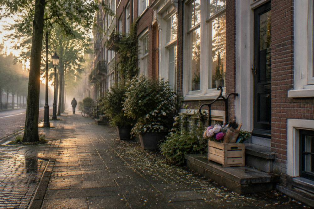 Tree-lined residential street with brick facades in Amsterdam Oost