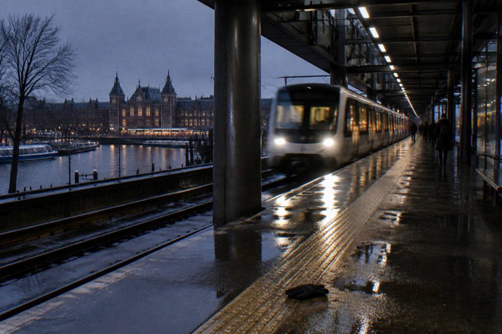 Metro platform with a train arriving at a station in outer Amsterdam