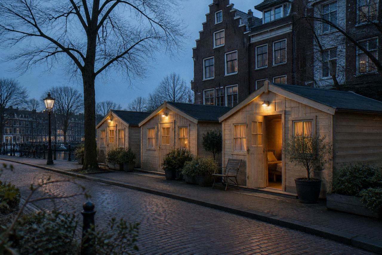 Row of small sleeping cabins with wooden fronts along a quiet Amsterdam street at dusk