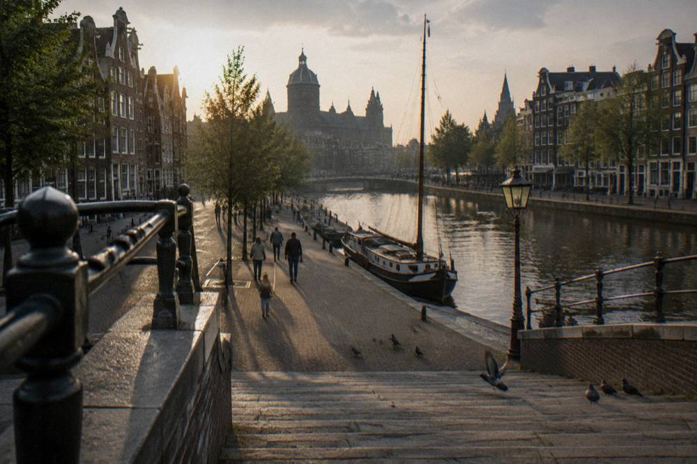 Canal bridge and gabled houses in a central Amsterdam neighbourhood