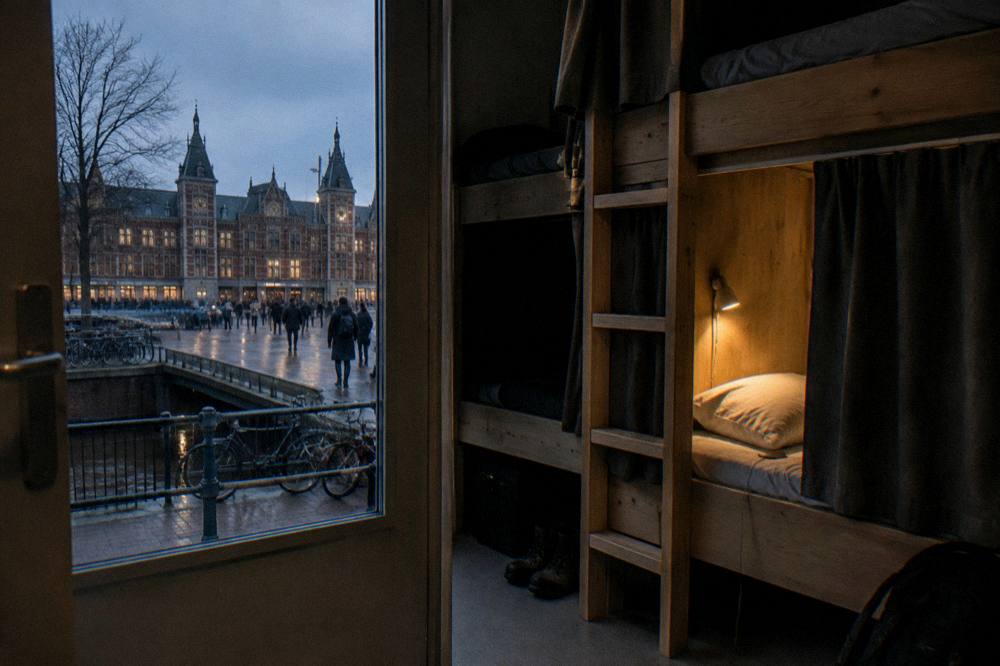 Hostel bunk bed with reading light and privacy curtain in a small dorm
