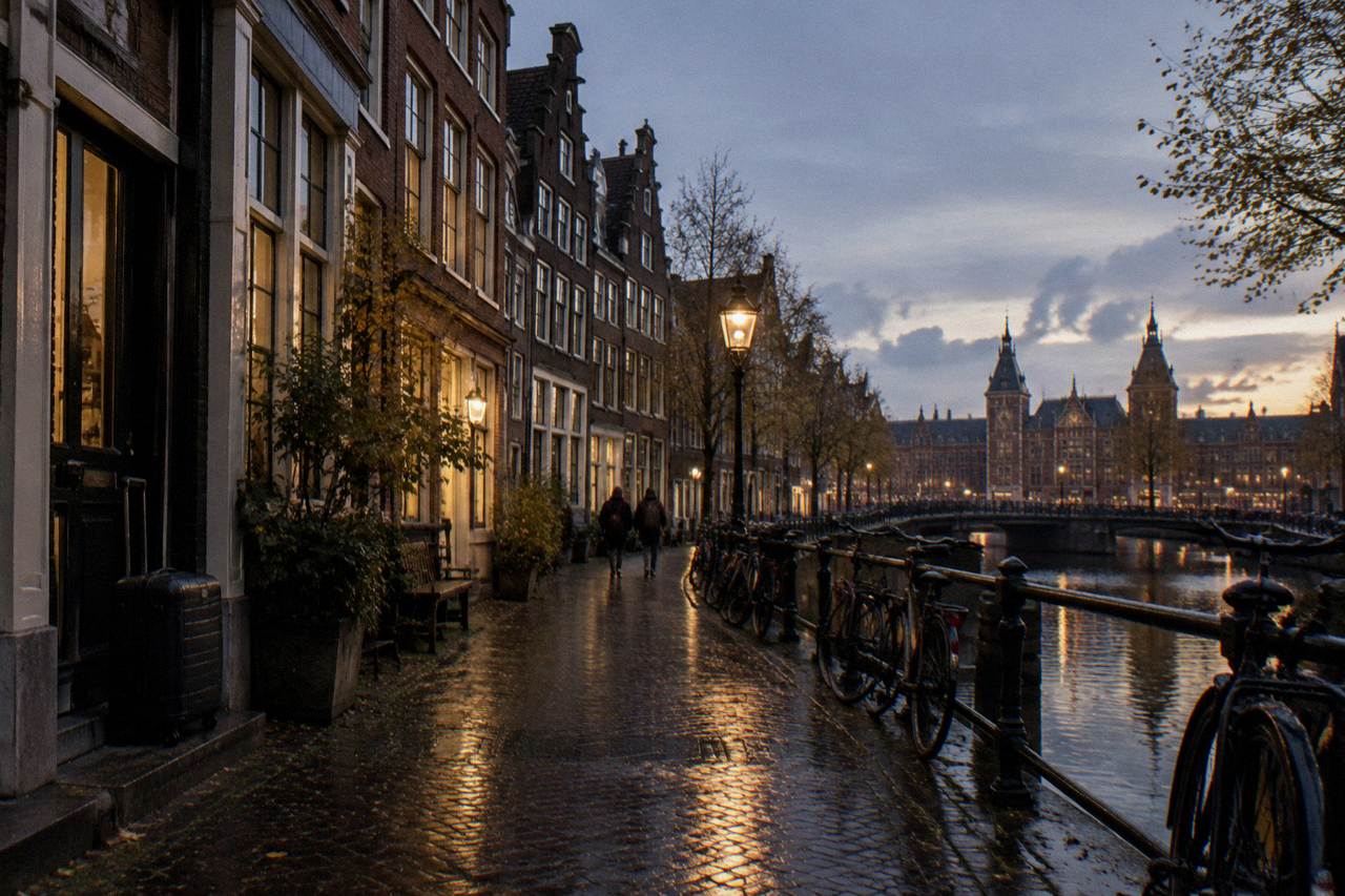Canal houses and bicycles along a quiet Amsterdam street at dusk