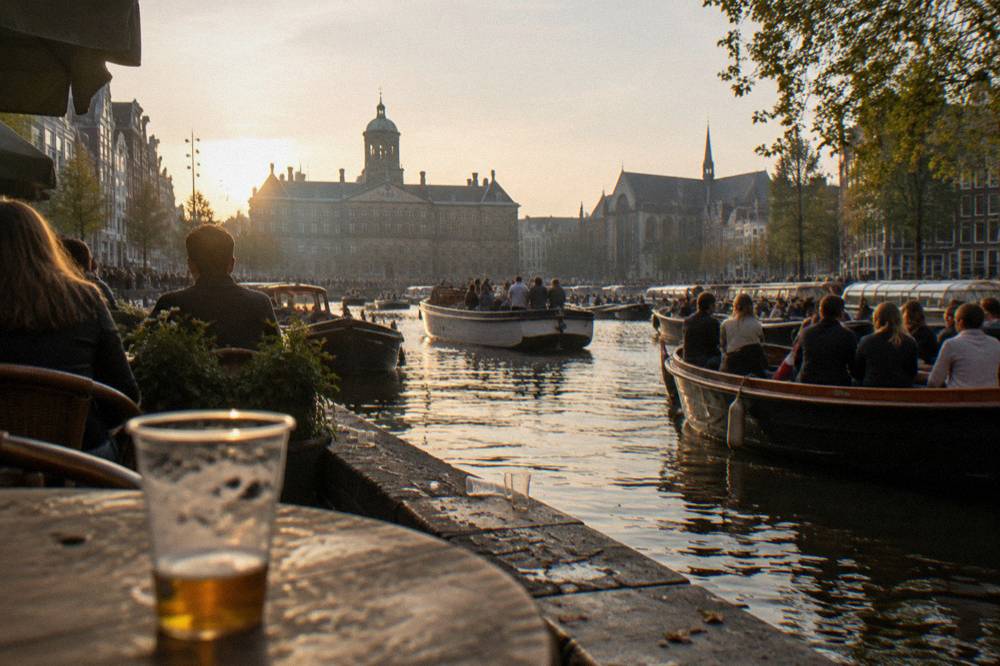 Crowded Amsterdam canal with boats during a summer festival weekend