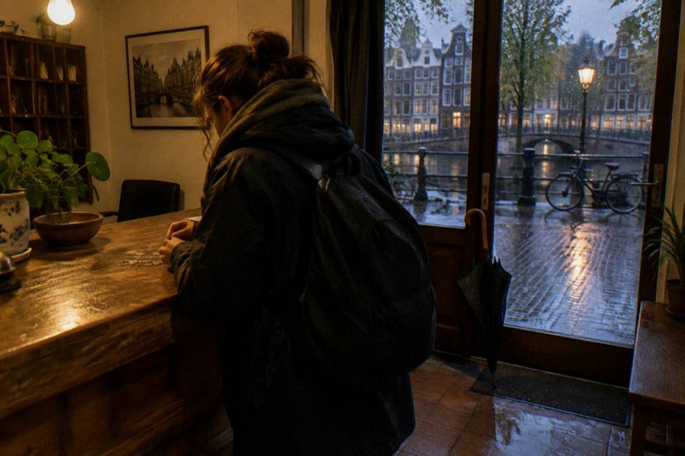 Reception desk of a small Amsterdam hostel with a guest paying at check-in