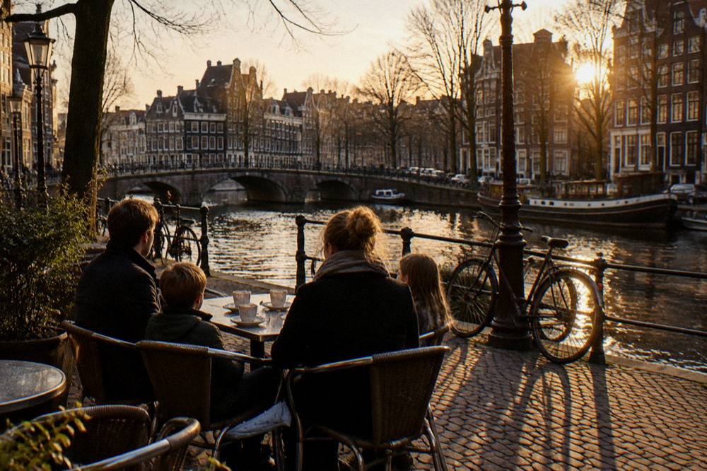 Family of four bicycles parked outside an Amsterdam corner cafe