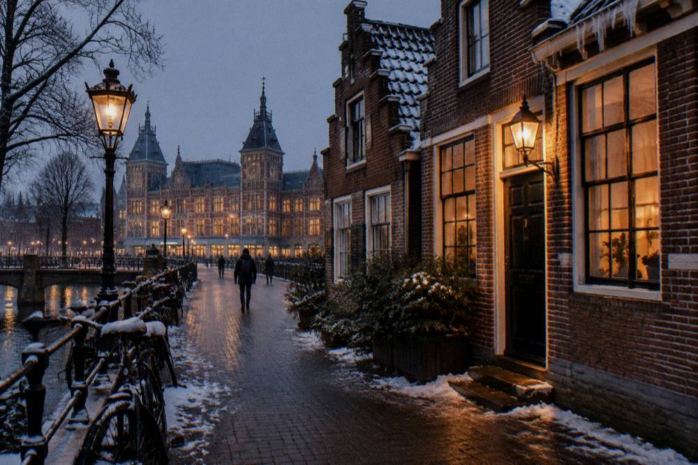 Narrow Amsterdam street with parked bicycles and brick gabled facades away from the main tourist drag