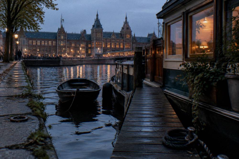 A narrow gangplank leading from a stone quay to the deck of a moored houseboat